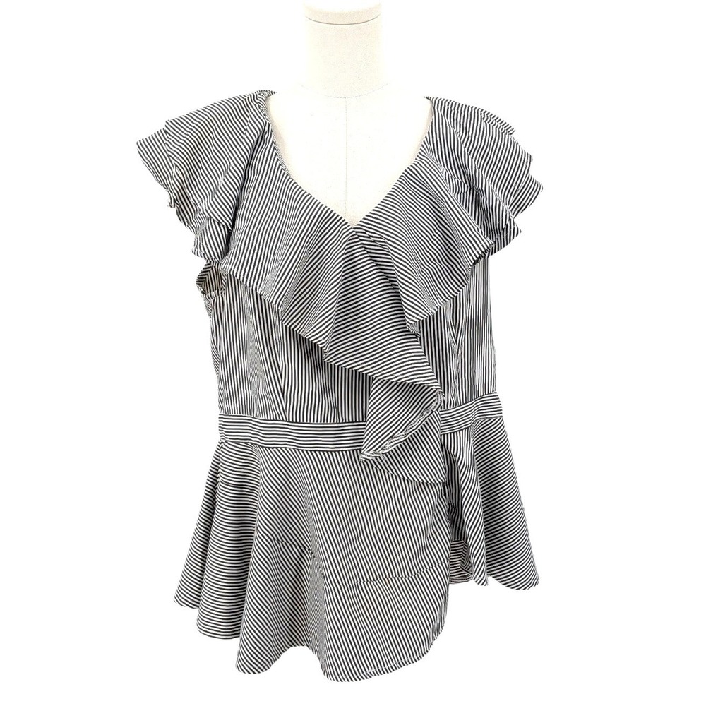 Coastal Ruffle Peplum‎ Blouse Striped Cotton Blend Large
